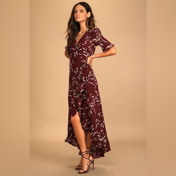 Lulu’s Wild Winds Burgundy Floral Print High-Low Wrap Dress - Picture 1 of 1